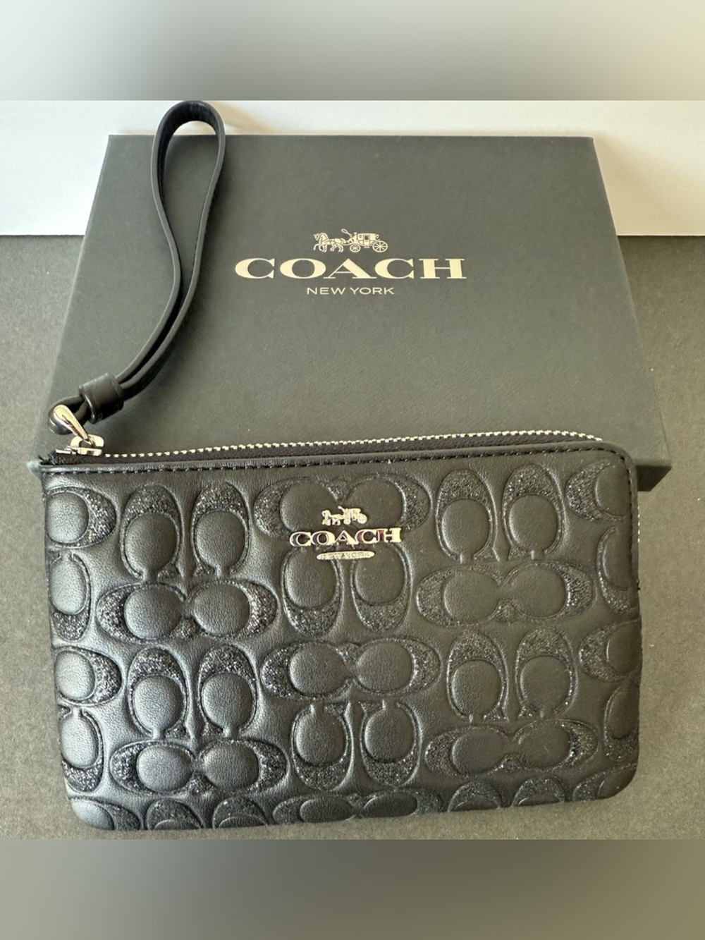 COACH Glitter Black Embossed Signature Leather Wristlet NWT